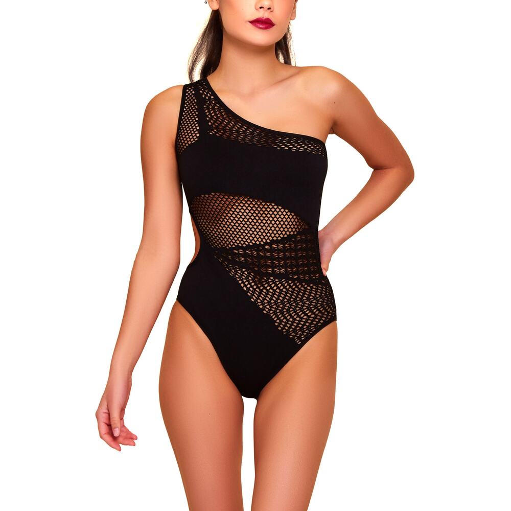Hauty One-Shoulder Openwork Knit Sheer Seamless Teddy Bodysuit Black One Size